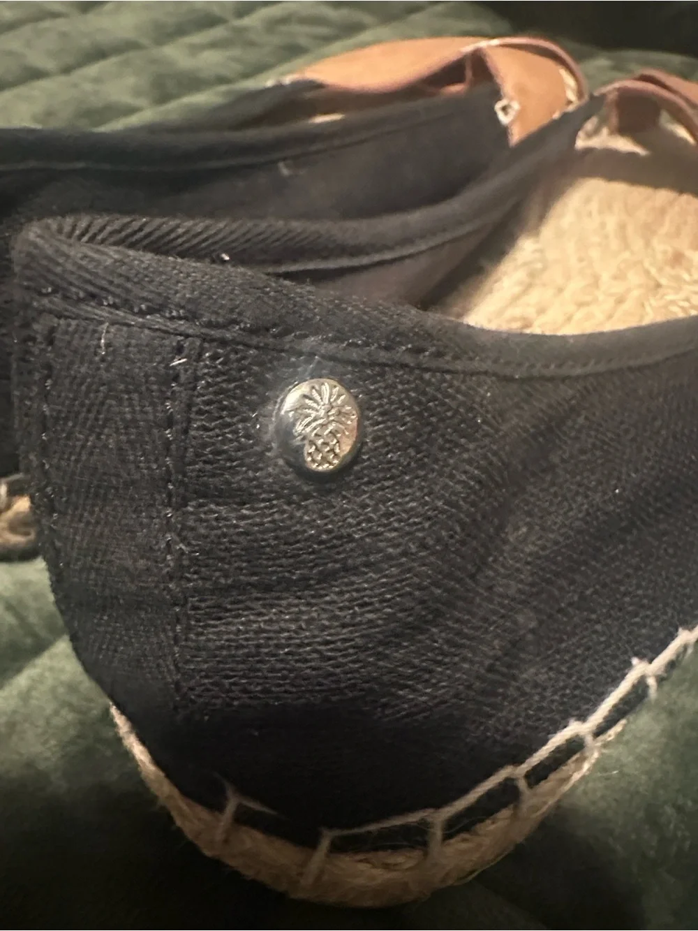 Tommy Bahama Black Canvas & Tan Leather Crossover Espadrille Flats